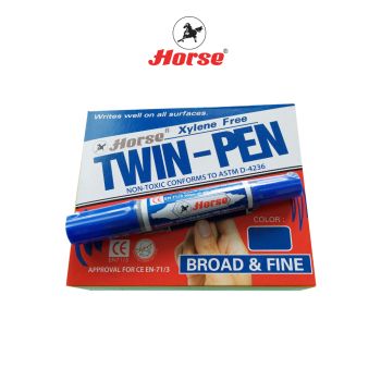 HORSE (ตราม้า) ปากกาเคมี  มาร์คเกอร์ 2 หัว ตราม้า  สีเดียว TWIN-PEN (12ด้าม/กล่อง) จำนวน 1 กล่อง - น้ำเงิน