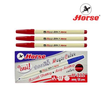 HORSE (ตราม้า) ปากกาสีน้ำ (ปากกาเมจิก) ตราม้า แบบสีเดี่ยว น้ำเงิน/ดำ/แดง H-112 จำนวน 12 ด้าม/กล่อง - สีแดง