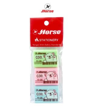 HORSE ตราม้า ยางลบดินสอลายการ์ตูน รูปหมี H-16 Hi-Polymer Eraser  บรรจุ 3 ก้อน/แพ็ค จำนวน 1 แพ็ค