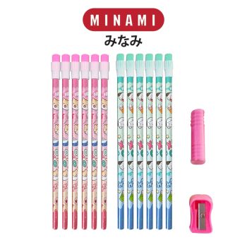 MINAMI (มินามิ) ดินสอดำ ยางลบหัวโต HB ลายการ์ตูน มินามิ แพ็ค 12 แท่ง คละลาย + กบเหลา + ปลอกจับ  จำนวน 1 แพ็ค