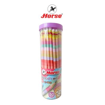 HORSE ( ตราม้า )ดินสอดำ HB ตราม้า H-100 ลายสีพาสเทล บรรจุ 50 แท่ง / กระป๋อง จำนวน 1 กระป๋อง