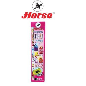 Horse ตราม้า ดินสอดำ HB แท่งกลม มียางลบ ลายสูตรคูณ +  กบเหลา ตราม้า บรรจุ 12 แท่ง/กล่อง จำนวน 1 กล่อง