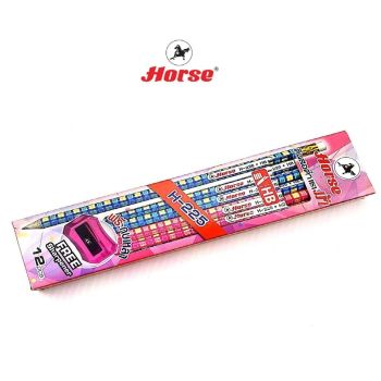 Horse (ตราม้า) ดินสอดำ HB ลายริ้ว ตราม้า H-225 + กบเหลา จำนวน 12 แท่ง/กล่อง