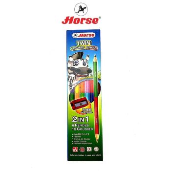 Horse (ตราม้า) สีไม้  ดินสอไม้ แท่งยาว 6 แท่ง 12สี (2 สี ในแท่งเดียว) แท่งเหลี่ยม + กบเหลา จำนวน 1 กล่อง