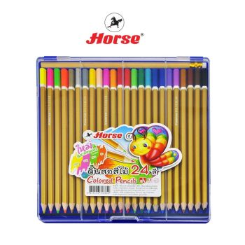 HORSEตราม้า ดินสอสีไม้ยาว24สี+ดินสอ2B ด้ามทอง กล่องพลาสติก จำนวน 1 กล่อง