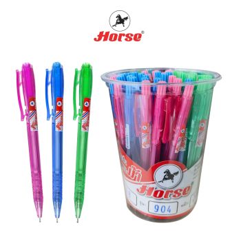 HORSE (ตราม้า) ปากกาลูกลื่น แบบกด 0.7 mm. H-904 หมึกน้ำเงิน (ตัวด้ามหลากสี) บรรจุ 48 ด้าม/กระป๋อง 