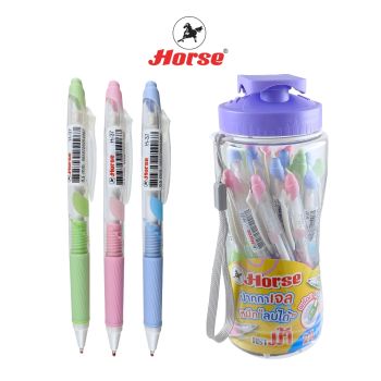 HORSE (ตราม้า) ปากกาเจล หมึกลบได้ 0.5 mm Erasable Pen ด้ามใส H-37 (NEW) บรรจุ24ด้าม/กระป๋องจำนวน 1 กระป๋อง/คละสี