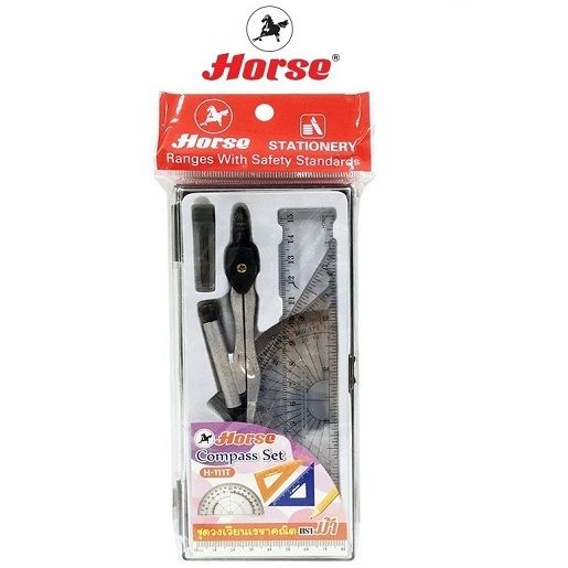 HORSE (ตราม้า) ชุดวงเวียนแบบดินสอกด ตราม้า พร้อมชุดเรขาคณิต 4 ชิ้น H-111T จำนวน 1 ชุด