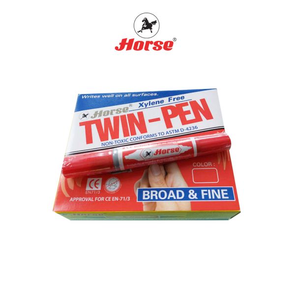 HORSE (ตราม้า) ปากกาเคมี  มาร์คเกอร์ 2 หัว ตราม้า  สีเดียว TWIN-PEN (12ด้าม/กล่อง) จำนวน 1 กล่อง - แดง