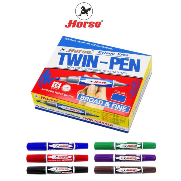 ทดสอบ HORSE (ตราม้า) ปากกาเคมี  มาร์คเกอร์ 2 หัว ตราม้า  สีเดียว TWIN-PEN (12ด้าม/กล่อง) จำนวน 1 กล่อง