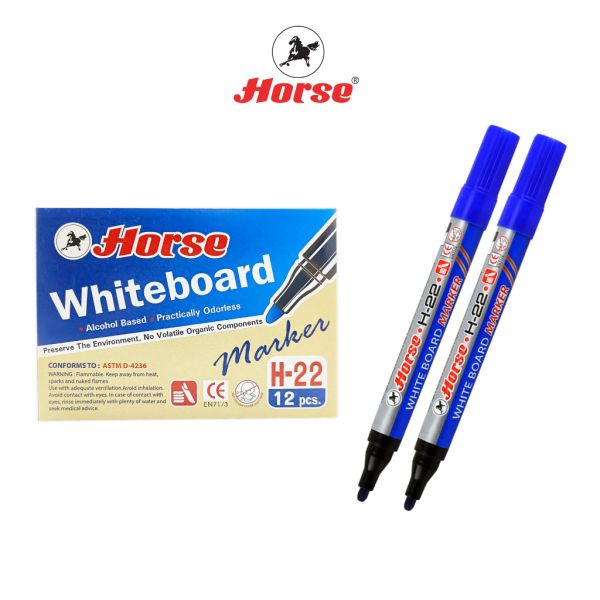 HORSE ตราม้า ปากกาไวท์บอร์ด H-22 แบบหัวกลม - หลายสี (บรรจุ12ด้าม/กล่อง) จำนวน 1 กล่อง - น้ำเงิน