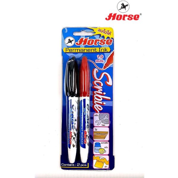 Horse (ตราม้า )ชุดปากกาเคมี หัวเดียว Scribie H-42 ชุด 2  สี จำนวน 1 ชุด - สีดำ-แดง