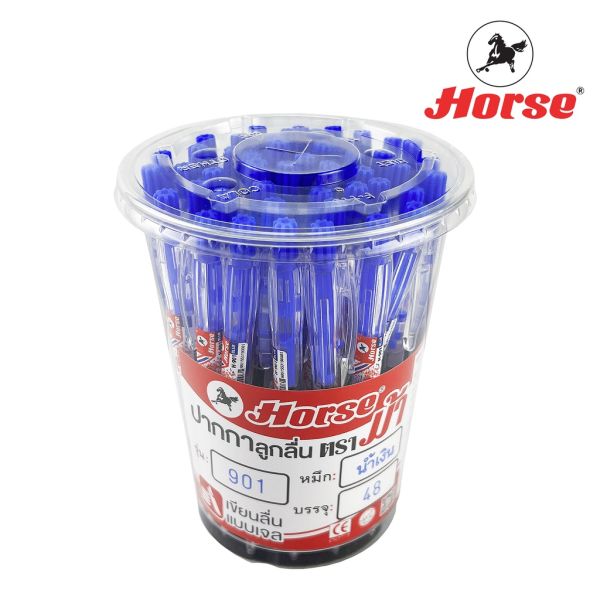 Horse (ตราม้า) ปากกาลูกลื่น แบบกด  0.7 mm.  ตราม้า H-901 ด้ามใส  บรรจุ 48 ด้าม/กระป๋อง จำนวน 1 กระป๋อง - หมึกน้ำเงิน