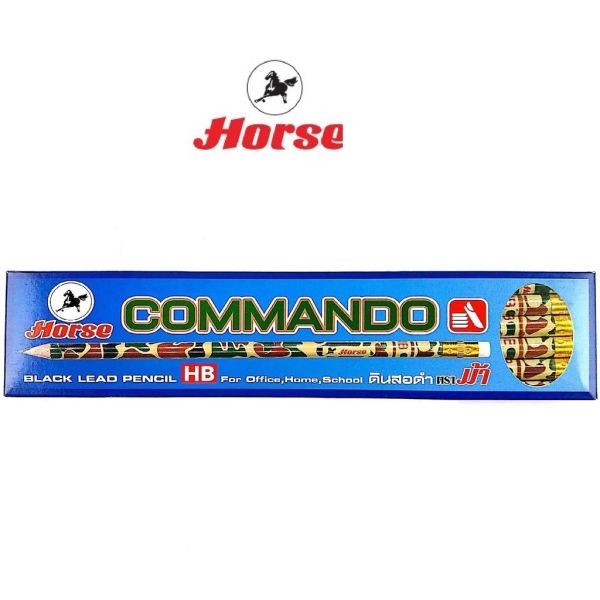 Horse (ตราม้า) ดินสอดำ แท่งเหลี่ยม HB  ลายคอมมานโด มียางลบ บรรจุ 12 แท่ง/กล่อง จำนวน 1 กล่อง