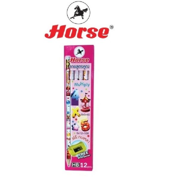 Horse ตราม้า ดินสอดำ HB แท่งกลม มียางลบ ลายสูตรคูณ +  กบเหลา ตราม้า บรรจุ 12 แท่ง/กล่อง จำนวน 1 กล่อง
