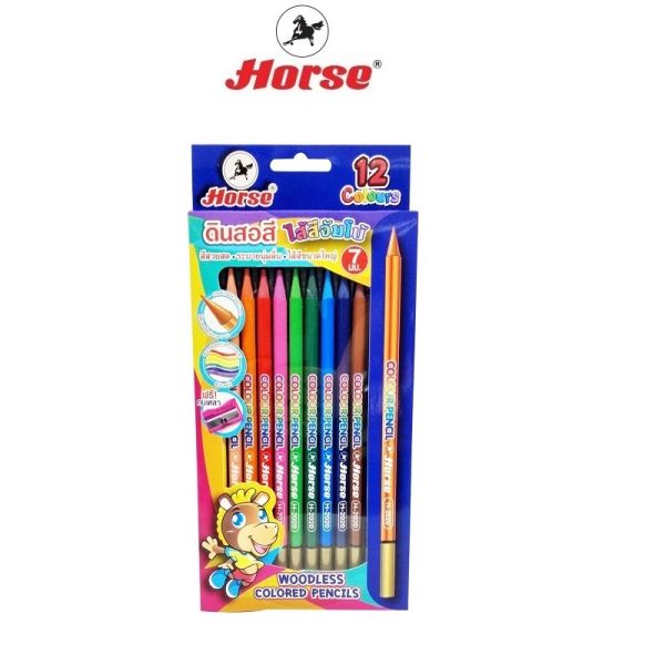 HORSE (ตราม้า) สีแท่ง ยาว WOODLESS  ไส้สีจัมโบ้ 12 สี H-2020 + กบเหลา ตราม้า  1 กล่อง