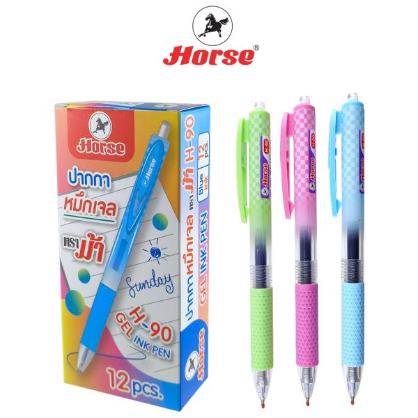 HORSE (ตราม้า) ปากกาเจล แบบกด 0.5 mm ลายสก๊อต ตราม้า  รุ่น H-90 บรรจุ 12 ด้าม/กล่อง  (NEW)