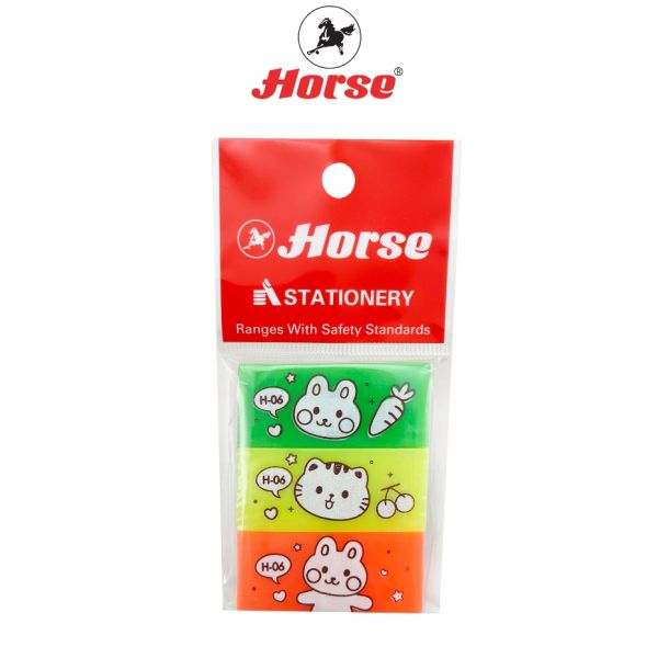 Horse (ตราม้า) ยางลบดินสอ H-06 สีหวาน ลายการ์ตูน ตราม้า คละสี บรรจุ 3 ก้อน / 1 แพ็ค