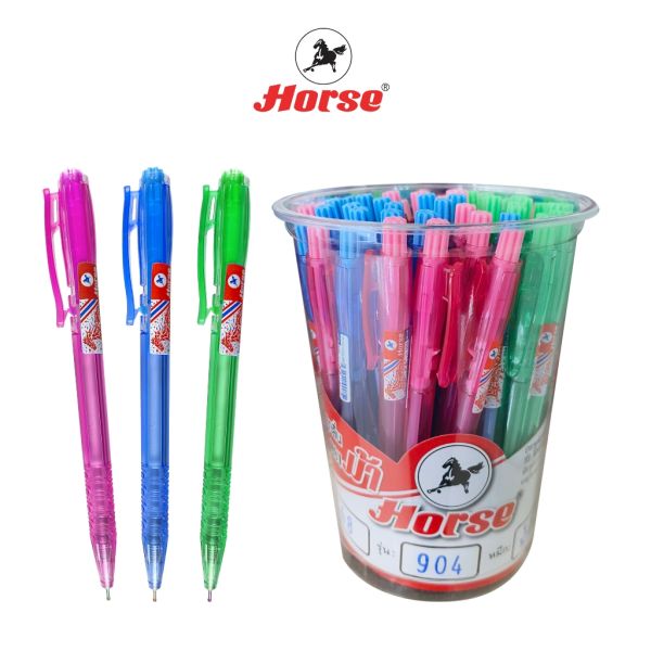 HORSE (ตราม้า) ปากกาลูกลื่น แบบกด 0.7 mm. H-904 หมึกน้ำเงิน (ตัวด้ามหลากสี) บรรจุ 48 ด้าม/กระป๋อง 