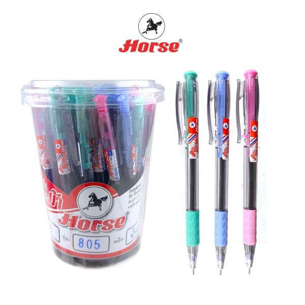 HORSE (ตราม้า) ปากกาลูกลื่น แบบกด 0.7 mm. H-805 หมึกน้ำเงิน (ด้ามสีชา) บรรจุ 48 ด้าม/กระป๋อง